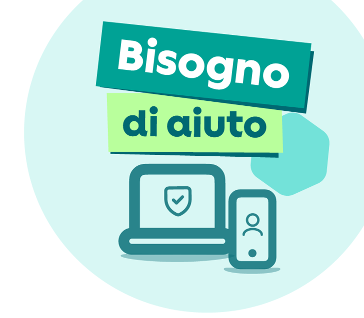 Colourful illustration with help & support text and a dark teal laptop and phone illustration below the text. All content is inside light teal circle. 'Help' text is in teal rectangle box. '& support' is in a green rectangle box.